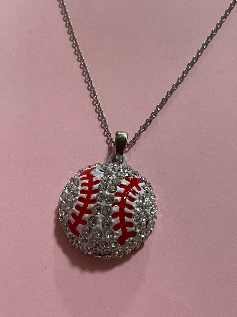 Crystal Silver Tone Baseball Necklace #9997